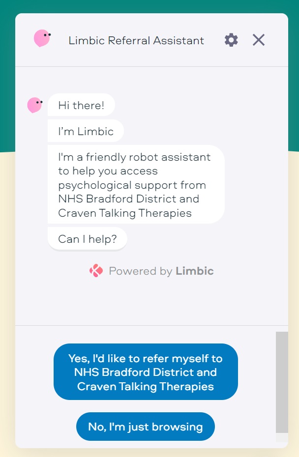 A screenshot of the Limbic chatbot AI on the Talking Therapies website